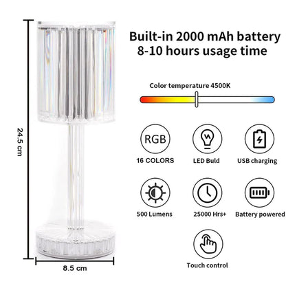 Brilla: Modern Crystal LED Table Lamp with 16-Color Changing RGB, Touch Control, USB Rechargeable & Diamond Cut Design