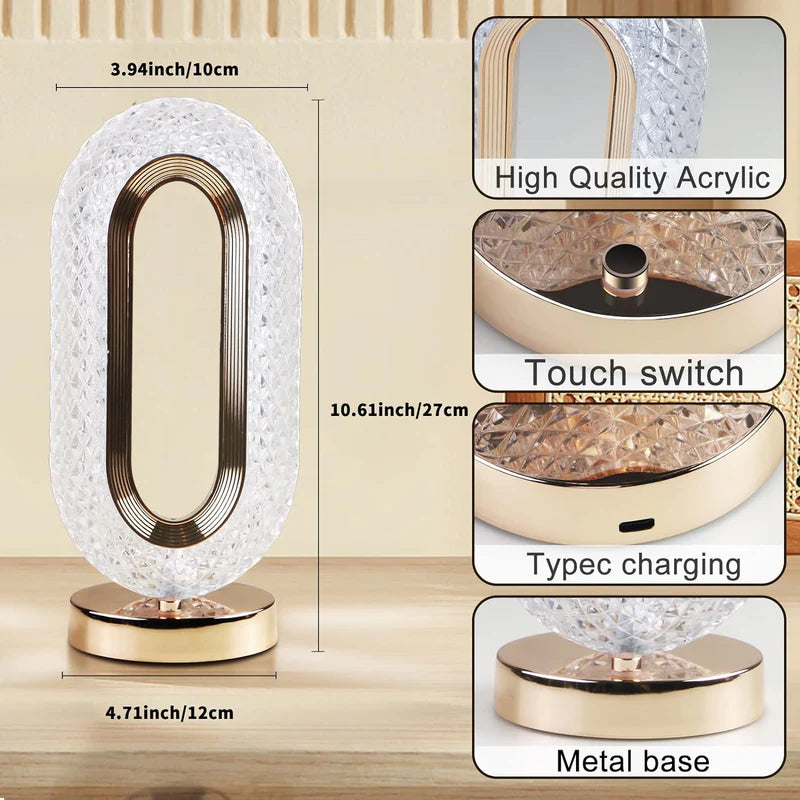 Crysta: Dimmable Touch Control Crystal Table Lamp with USB Rechargeable LED & Elegant Oval Design for Home, Bedroom & Décor